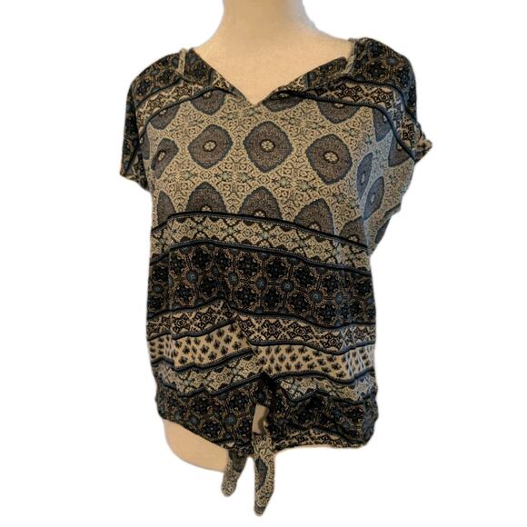 Lucky Brand Shirt Women's Medium Blue Geometric Stripe Knotted Tie Boho Top EUC - Picture 1 of 11